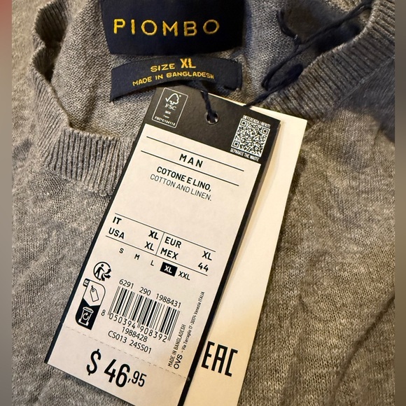 PIOMBO Men’s Gray Long Sleeve Cotton/Linen Sweater - Picture 5 of 5
